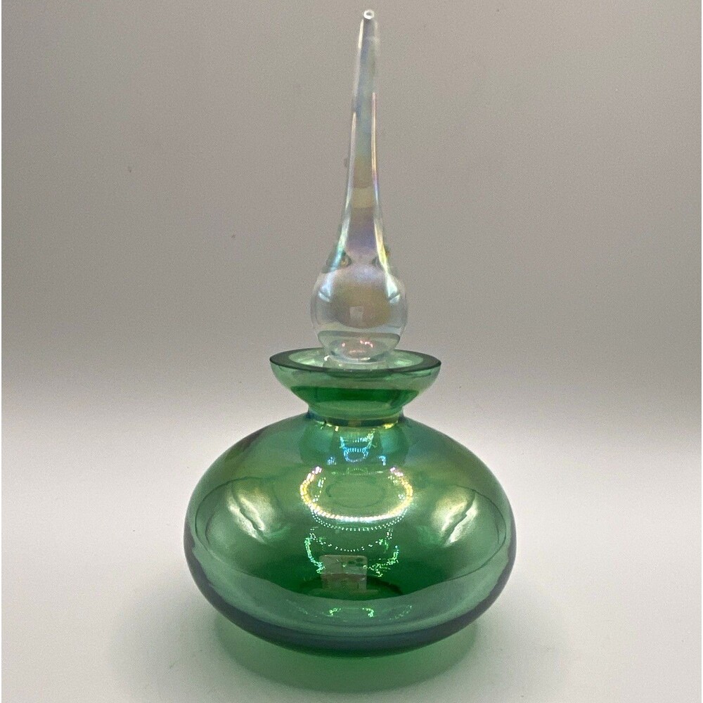 Vintage Iridescent Green Hand Blown Art Glass Perfume Bottle Flame Stopper